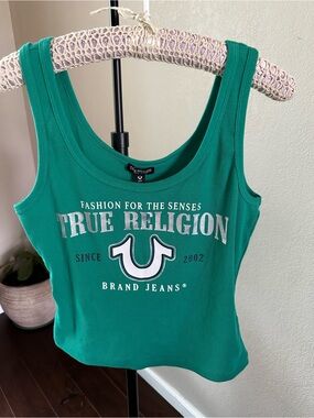 True Religion Teal Ribbed Logo Tank Top